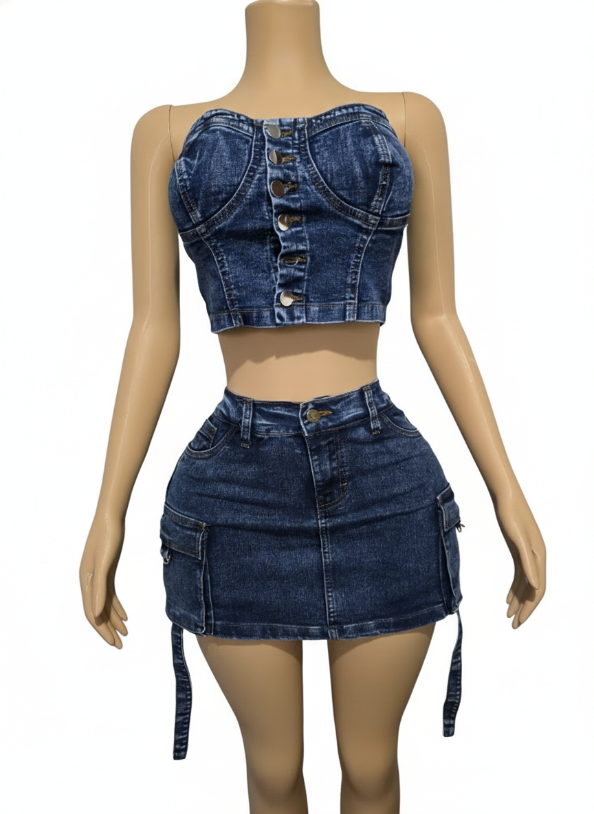 Set Denim Utility-Top Bustier y Falda short
