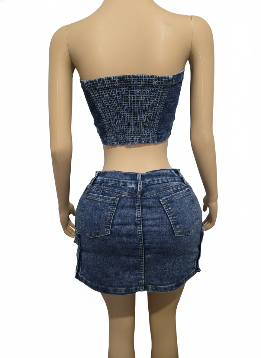 Set Denim Utility-Top Bustier y Falda short