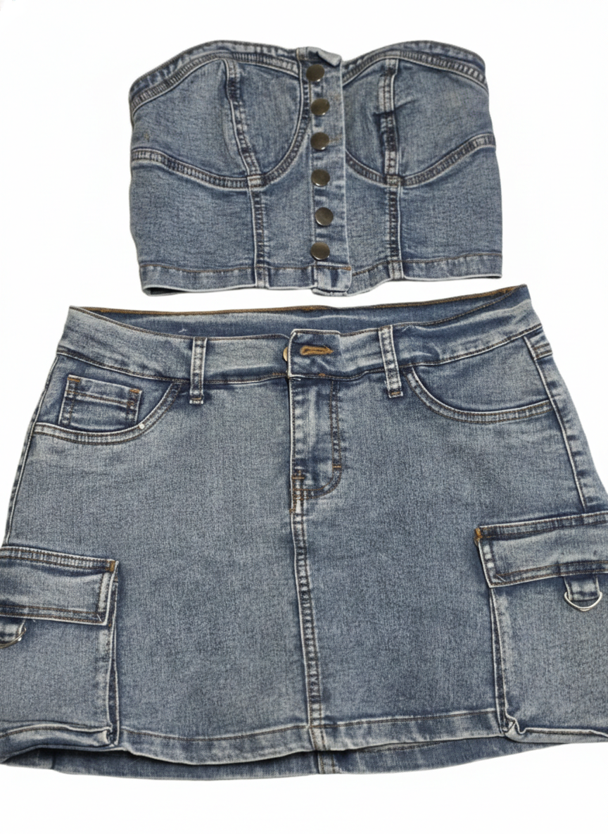 Set Denim Utility-Top Bustier y Falda short