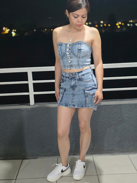 Set Denim Utility-Top Bustier y Falda short